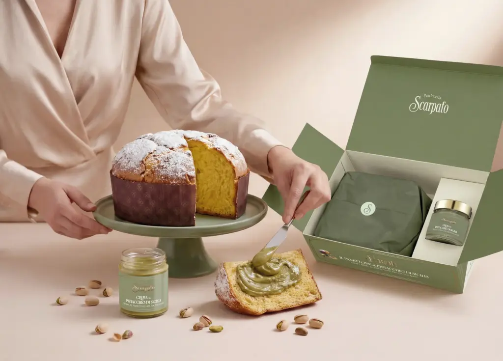 Panettone al pistacchio con confezione regalo e crema Scarpato