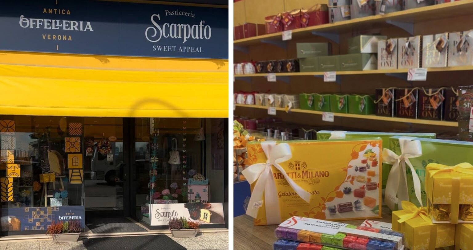 DolceShop Scarpato a Villa Bartolomea: l'ingresso con le insegne Antica Offelleria e Pasticceria Scarpato e gli scaffali del negozio